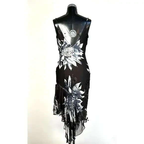 Cache Rare Vintage 90s Beaded Floral Print Silk Dress - Picture 3 of 11